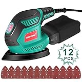 HYCHIKA Levigatrice per Legno, 200W Levigatrice Mouse, 14000RPM con Raccolta Polvere, 12PCS Carte Abrasive(240/120/80 Grani, per Multipli Angoli, Legno, Metallo, Facile da cambiare Carte Abrasive