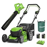 Greenworks GD24X2LM46SPK4X Tagliaerba Semovente a Batteria per Prati Fino a 480m²,G24ABII Soffiatore Foglie Assiale 145km/h, Sacco da giardinaggio da 120l,CON Due Batterie 4Ah e Caricabatterie Doppio